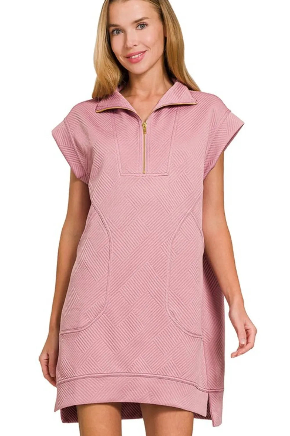 Zenana Textured Knit Jacquard Quarter Zipper Mini Dress