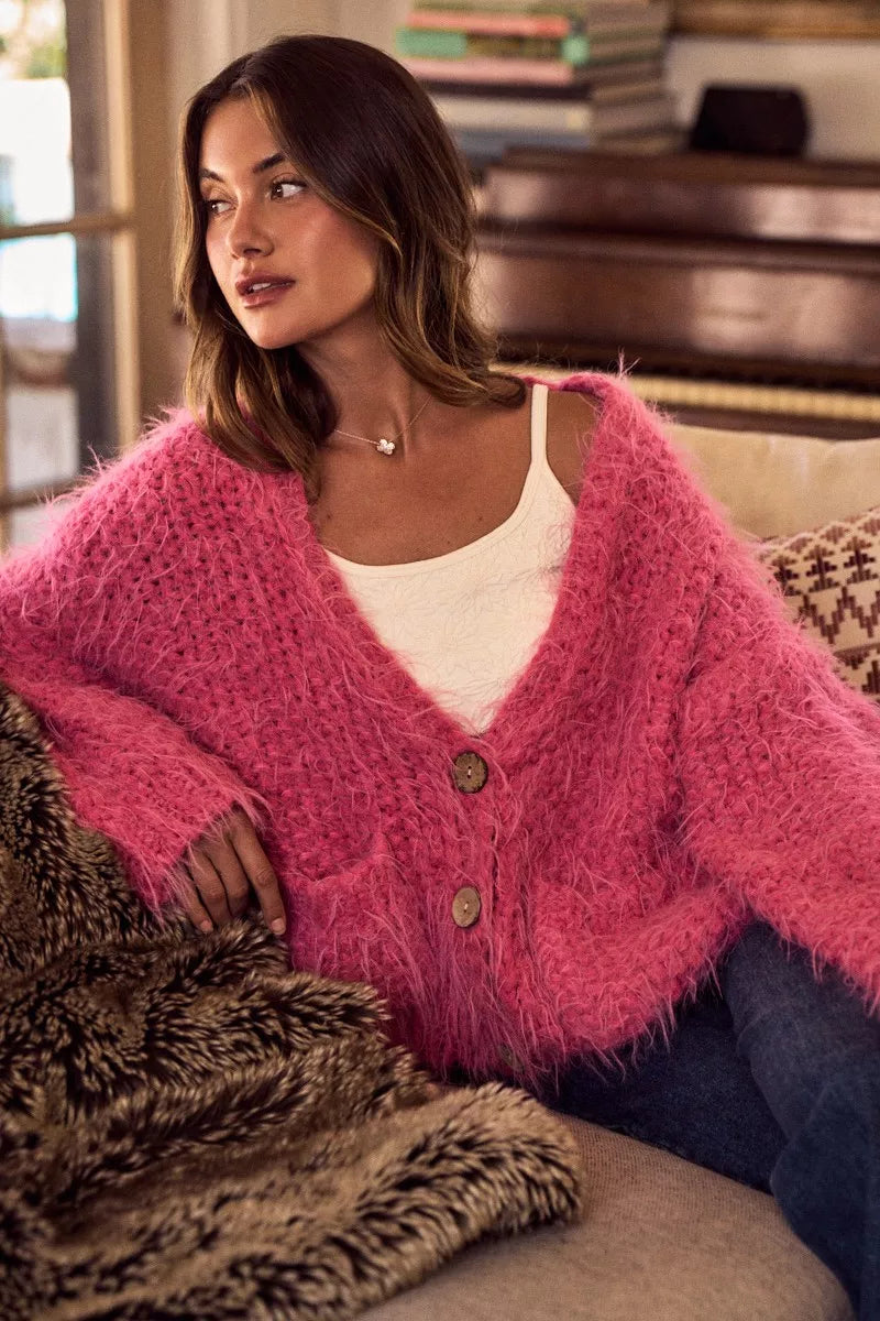 Soft Touch Hairy Loose Fit Cozy Sweater Cardigan in Pink