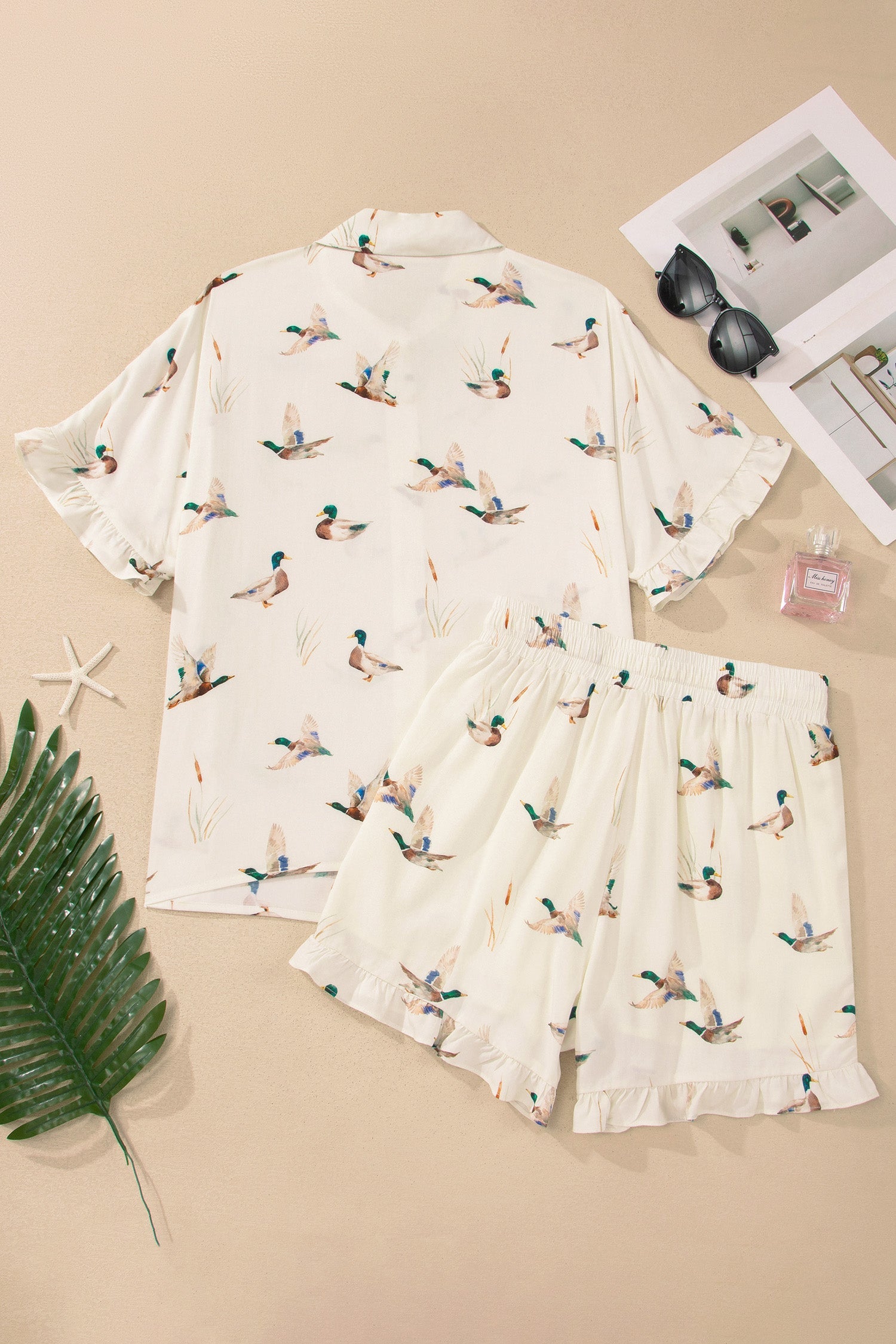 Mallard Print Ruffle Buttoned Shirt and Shorts Pajama Set
