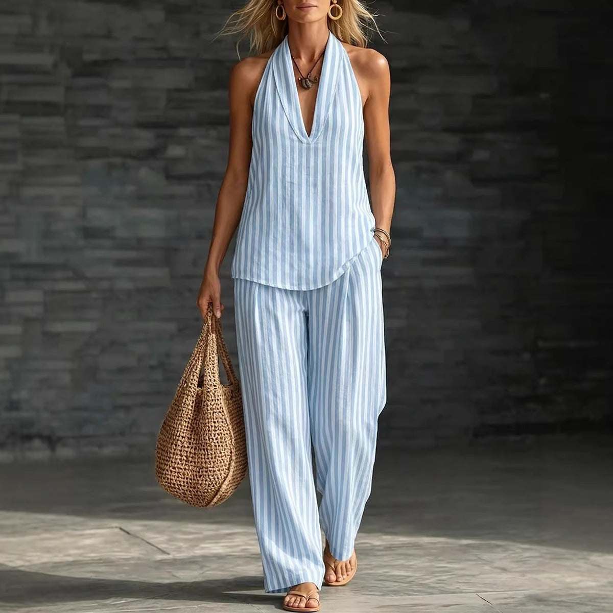 Women's Striped Sleeveless Halter Top and Wide Leg Pants Set - Image 5