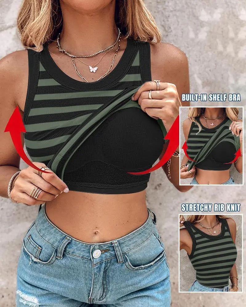 Women's Slim Fit Striped Tank Top with Built-in Shelf Bralette - Image 3