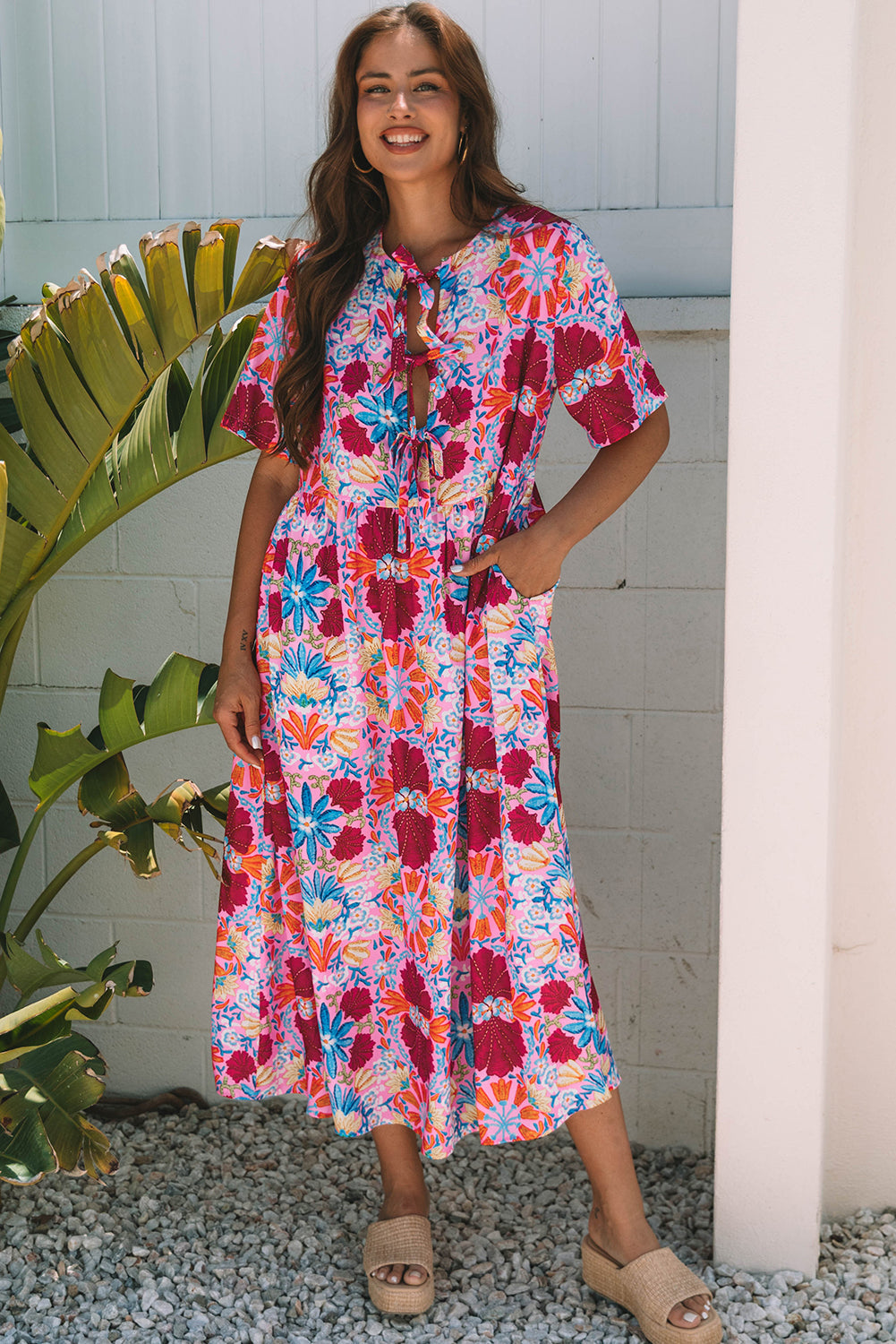 Women's Floral Tie-Front Midi Dress