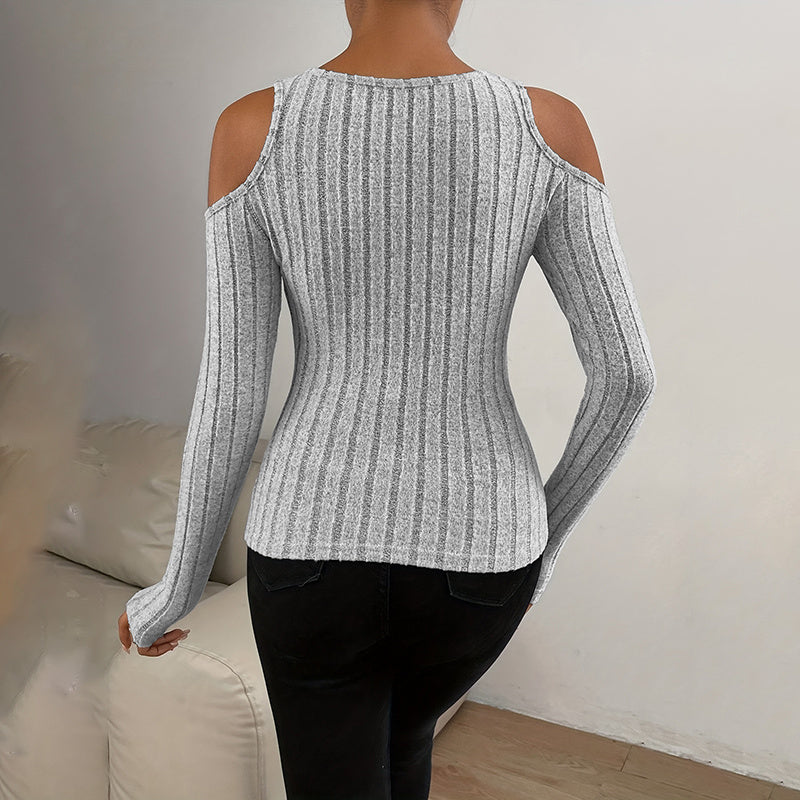 Women's Ribbed Long Sleeve Cold Shoulder Cut-Out Fitted Top - Image 3