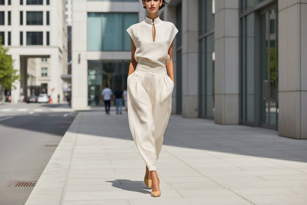 Women's Beige Mandarin Collar Short-Sleeve Top and Pants Set - Image 2