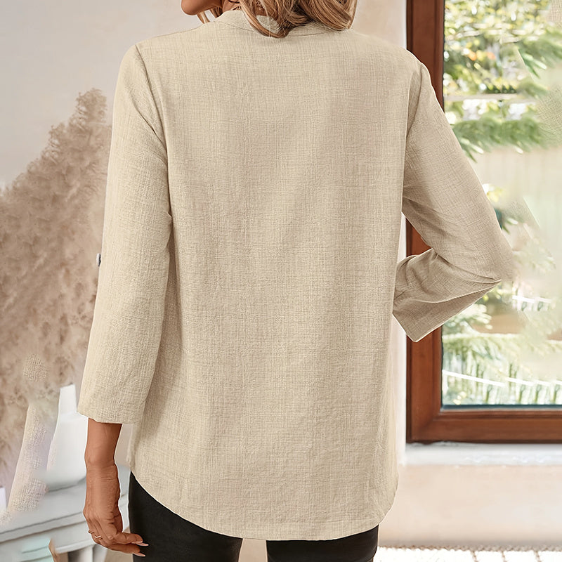 Womens Casual Notch V-Neck Tunic Blouse with Roll-Up Sleeves - Image 7
