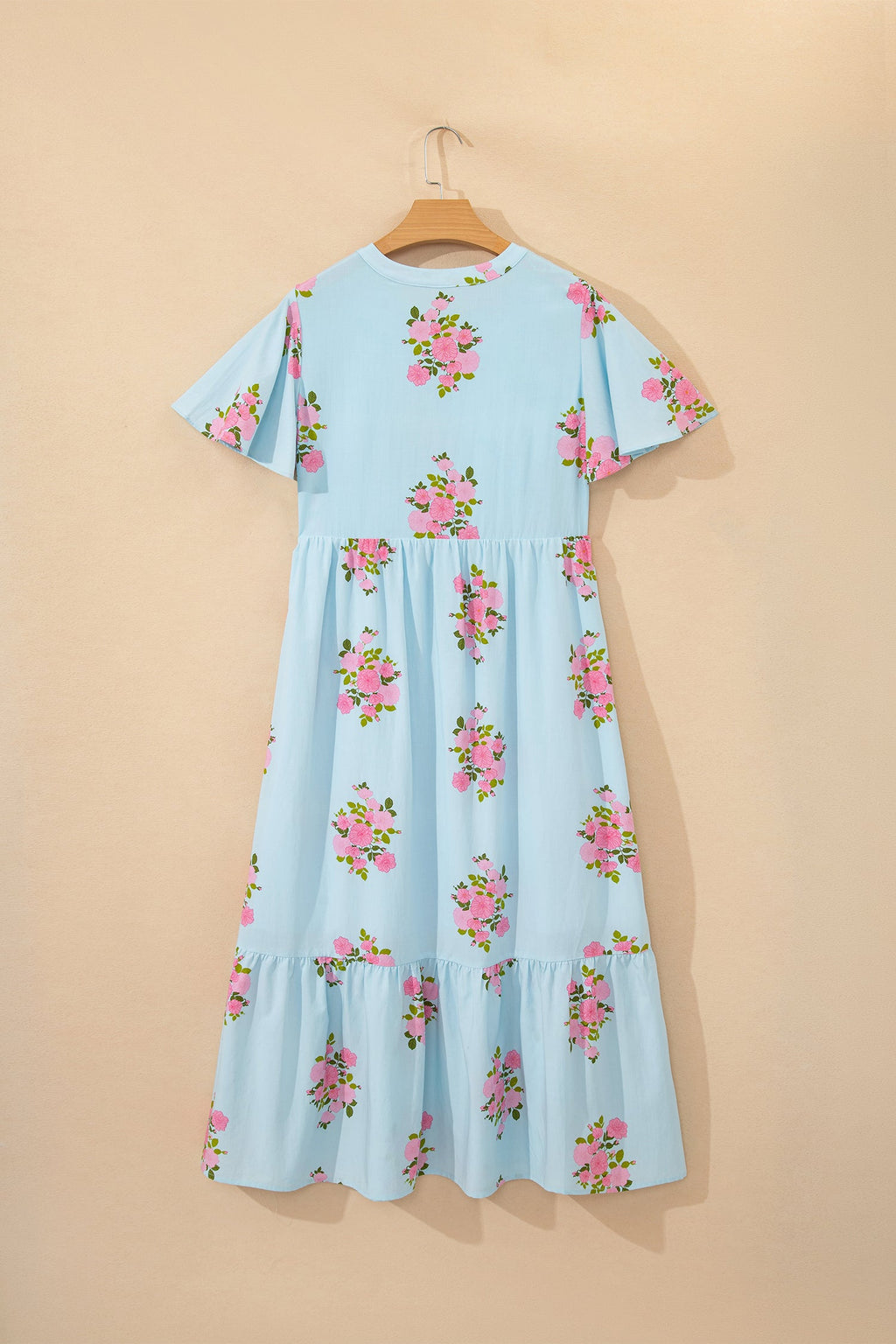 Light Blue Floral Notched Neck Flutter Sleeve Maxi Dress - Image 3
