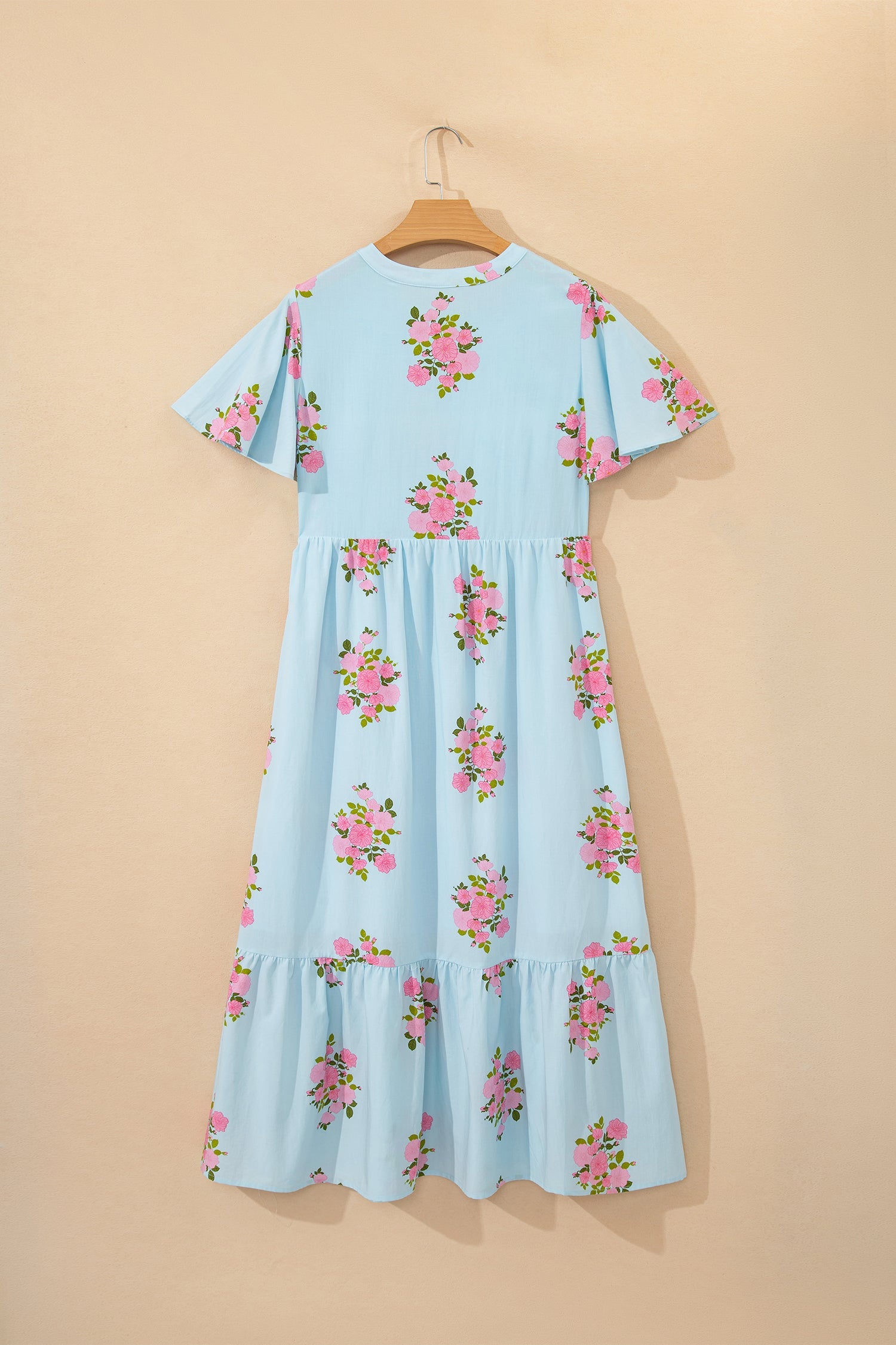 Light Blue Floral Notched Neck Flutter Sleeve Maxi Dress - Image 3