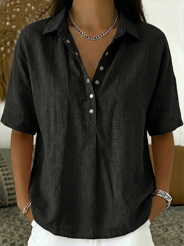 Women's Linen Short Sleeve Button Pullover Shirt