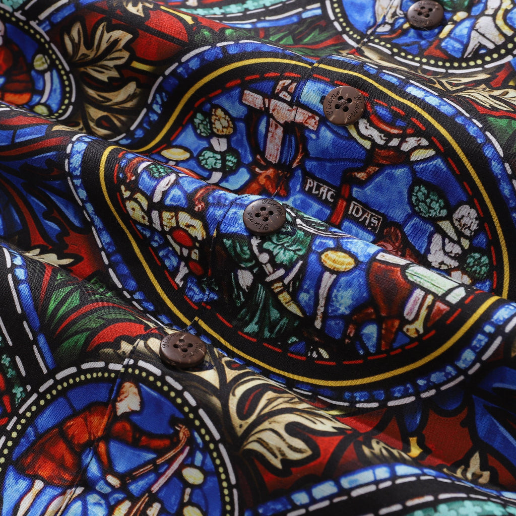 Stained Glass Window Print Short Sleeve 100% Cotton Camp Collar