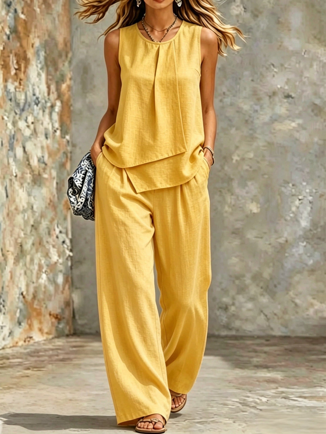 Women's Sleeveless Two-Piece Set – Solid Color Wide-Leg Pants & Top