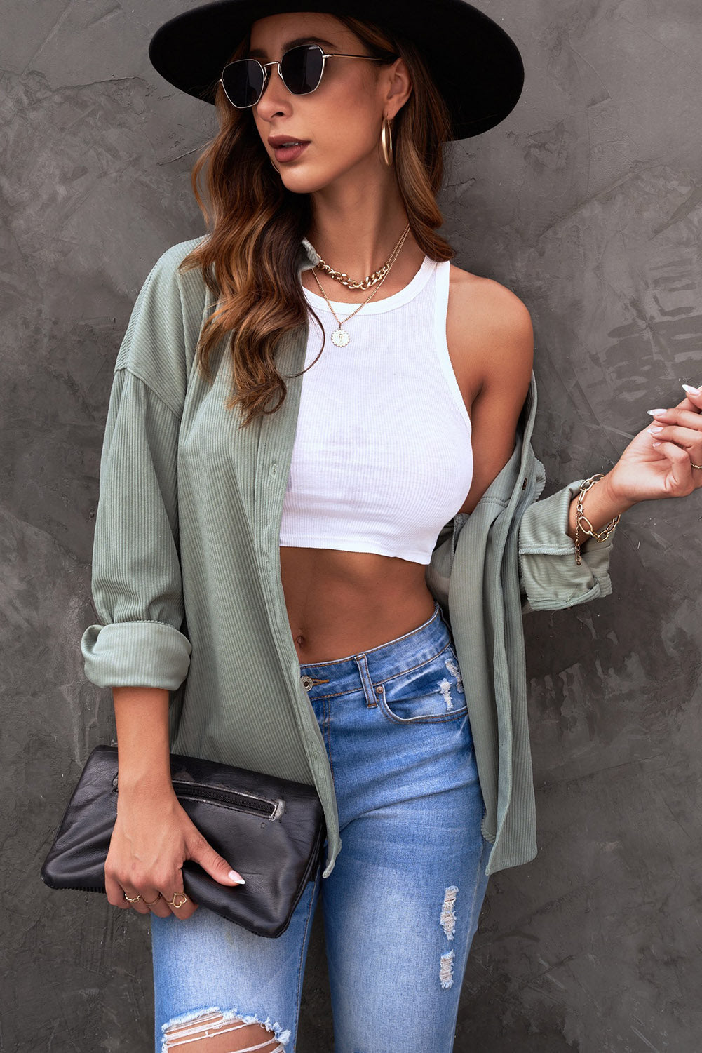 Pink Corduroy Button Pocket Shirt