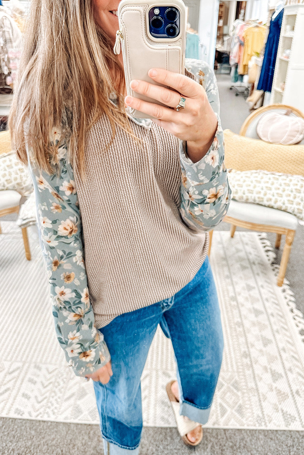 112 Parchment Ribbed Floral Patchwork Long Sleeve Top