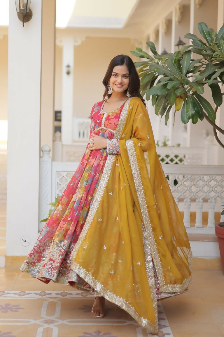 Women's Pink & Yellow Russian Silk Sequins Zari Embroidered Anarkali