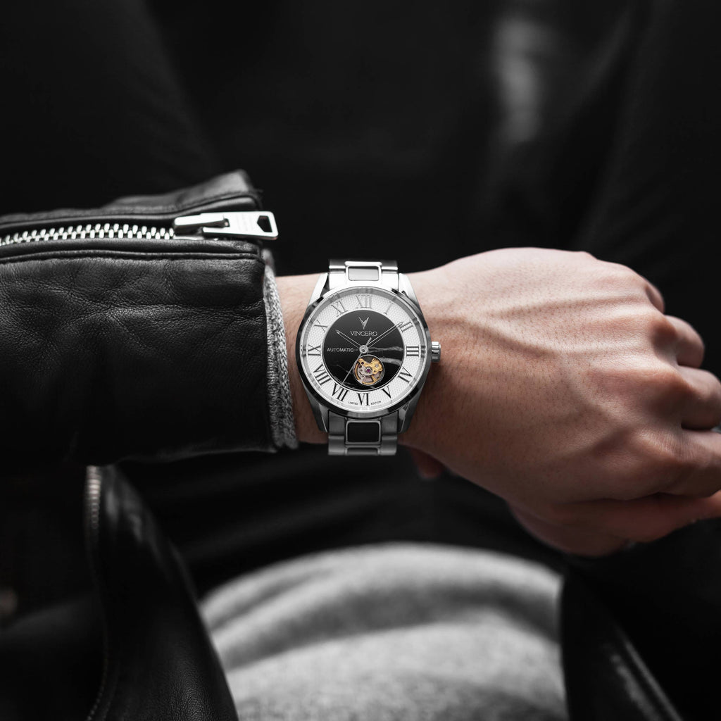 Marble Automatic Watch: Silver Nero 43mm Case