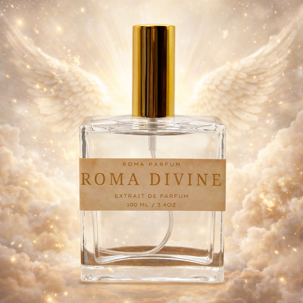 Luxury bottle of Roma Divine unisex extrait de parfum with mint and vanilla scent profile.