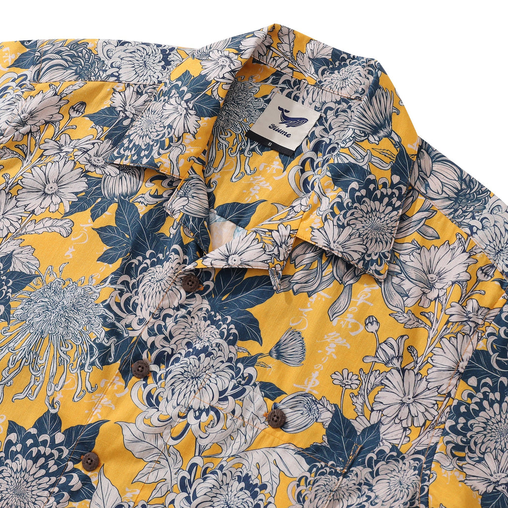 Yellow Japanese Chrysanthemum Floral Cotton Hawaiian Shirt