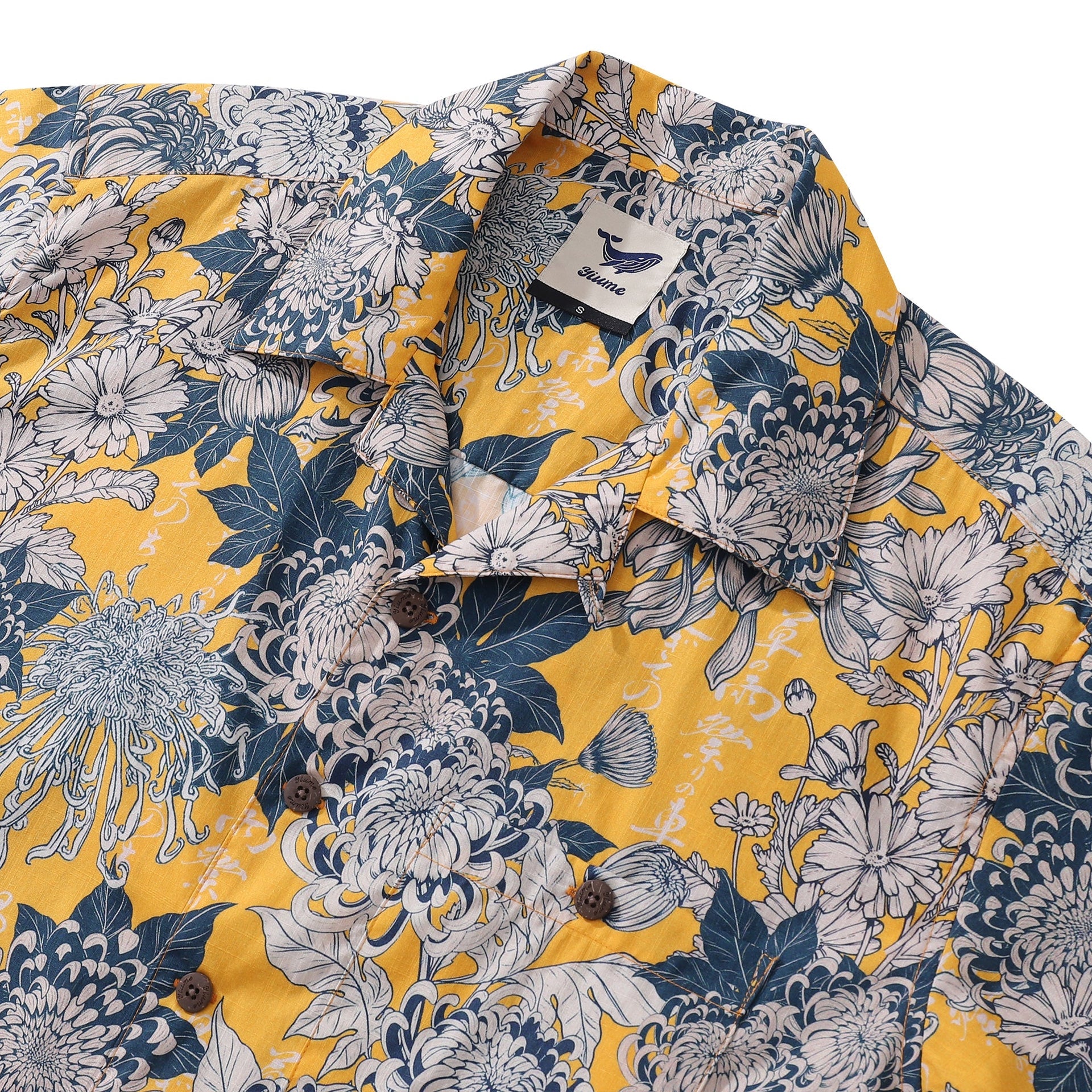 Yellow Japanese Chrysanthemum Floral Cotton Hawaiian Shirt