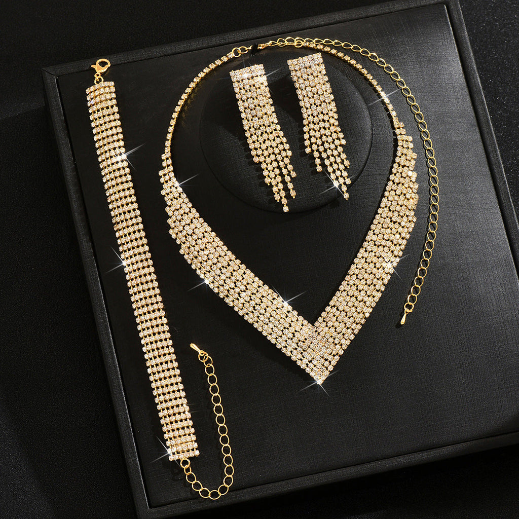 Women 3 Pcs Gold Tone V Shape Tassel Rhinestone Jewelry Set,Necklace Dangle Earrings Bracelet,Glam Bridal Costume Accessories For Wedding Banquet Party Occasion