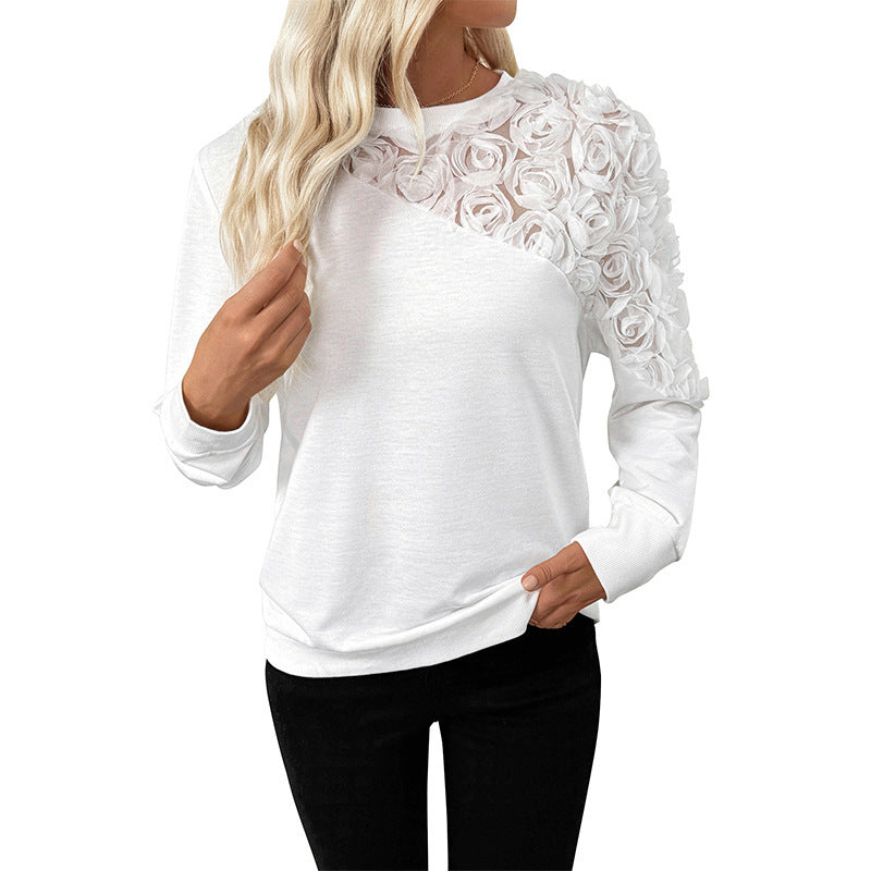 Women's White Long Sleeve Sweater with Three-Dimensional Flowers