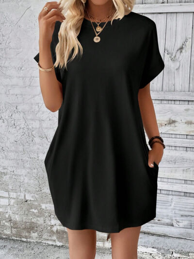Casual Round Neck Short Sleeve Mini T-Shirt Dress with Pockets - Image 13