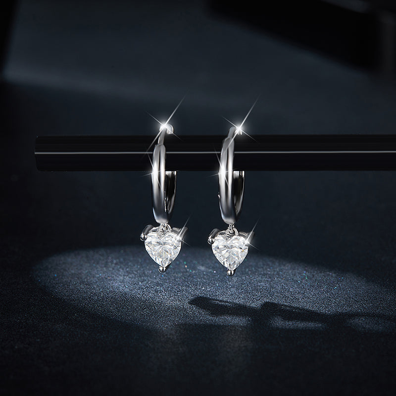 S925 Sterling Silver Heart Moissanite Hoop Earrings Platinum Plated