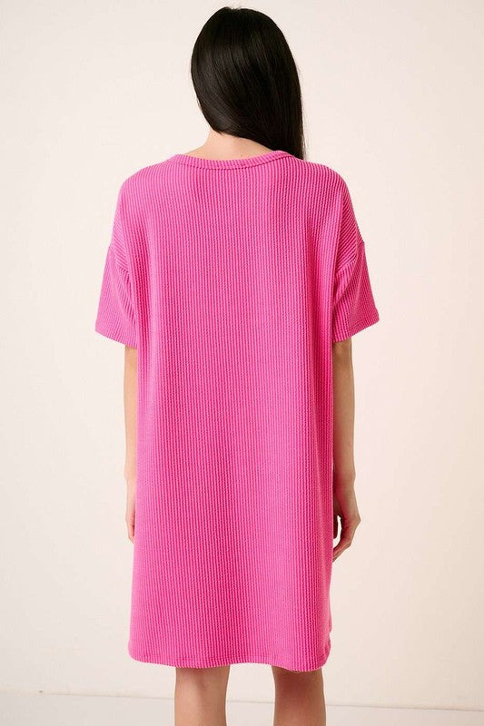 Hot Pink Rib Knit Short Sleeve Tee Dress