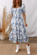 Sky Blue Smocked Bodice Puff Sleeve Floral Midi Dress