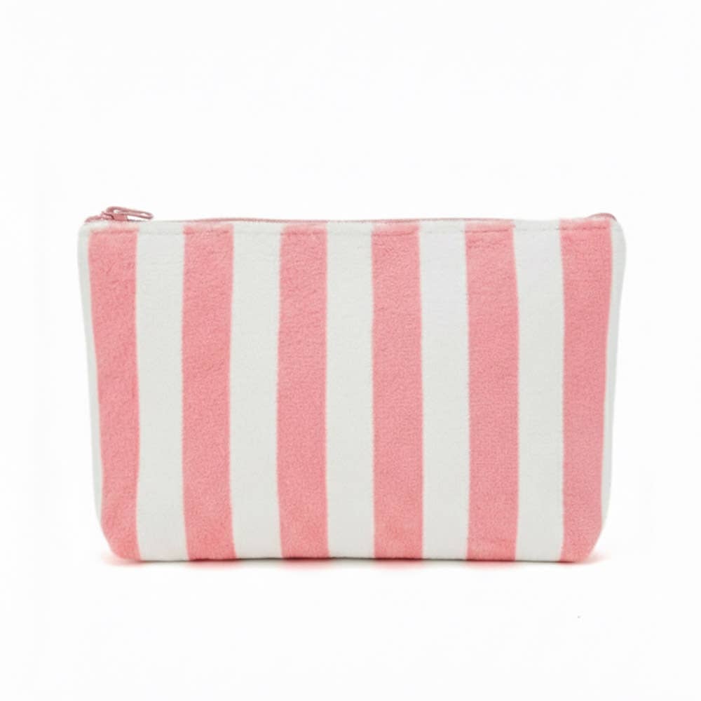 Large pink striped terry cloth zip pouch for cosmetics and toiletries