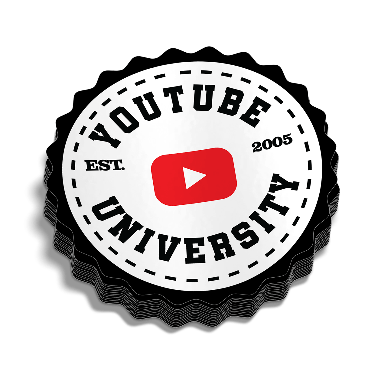 YouTube University circular vinyl decal sticker with white background, black text, and red YouTube logo icon