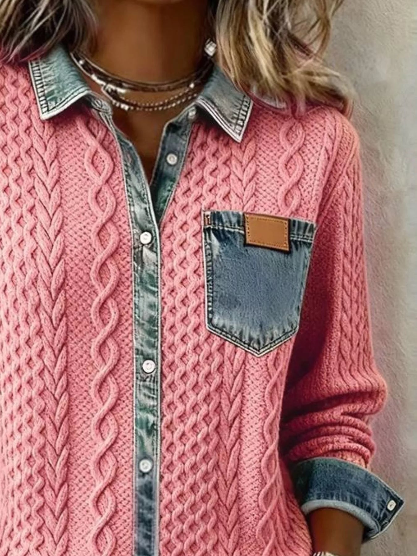 Denim Trim Cable Knit Cardigan | Buttoned Pocketed