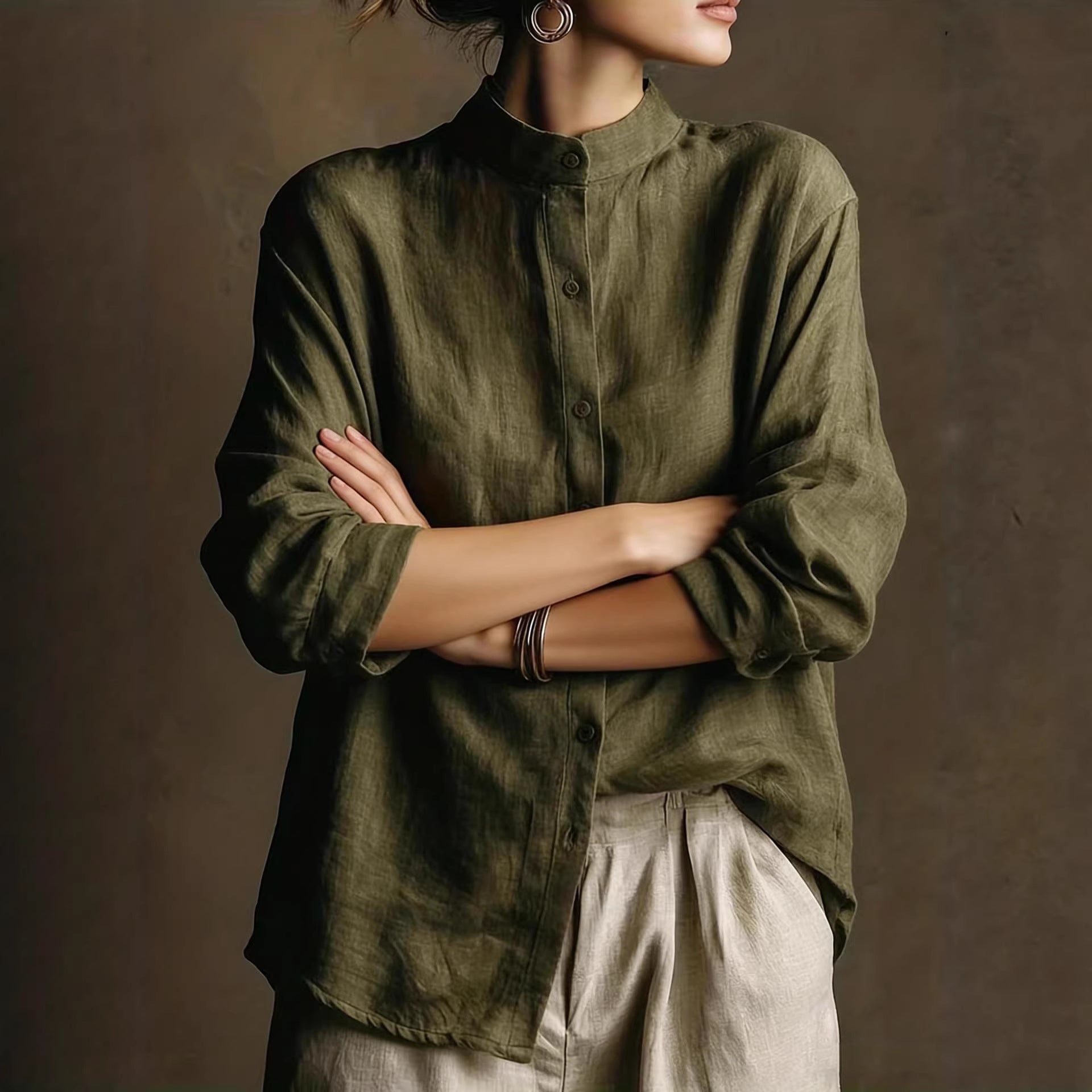 Women's Loose Cotton Linen Long Sleeve Shirt in Olive Green