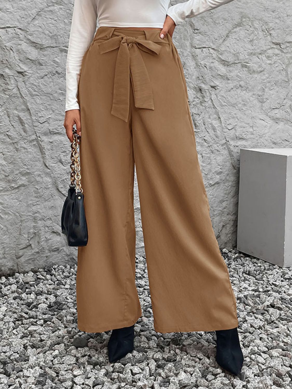 Perfee Tied High Waist Wide Leg Pants | Polyester