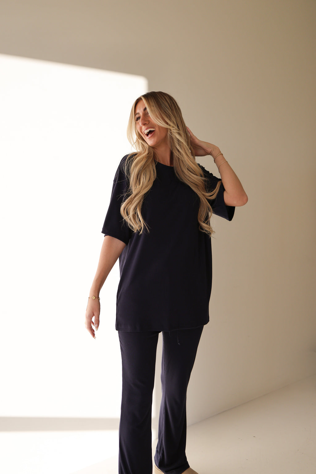 Women's Short Sleeve Ribbed Bamboo Lounge Set in Blueberry