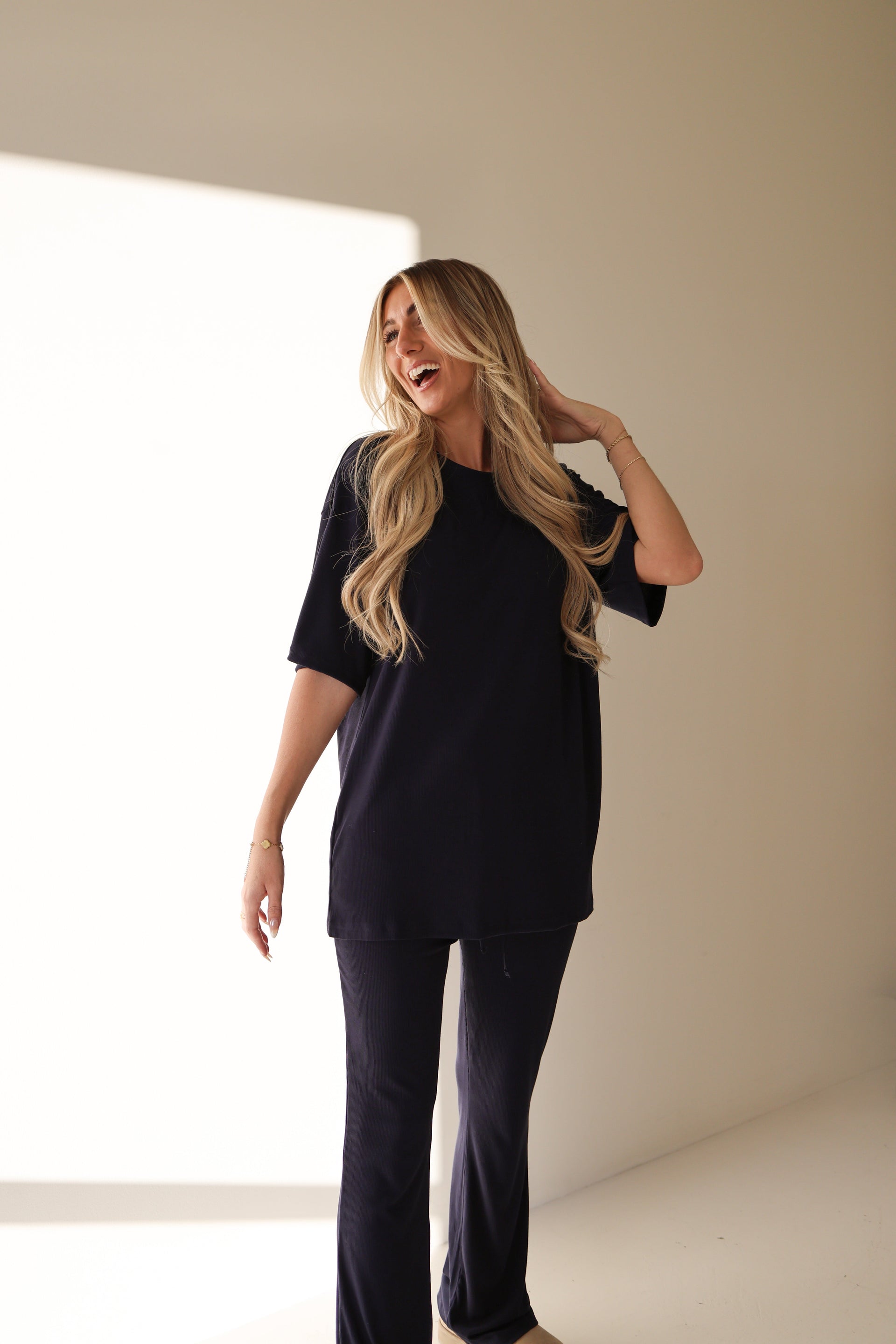 Women's Short Sleeve Ribbed Bamboo Lounge Set in Blueberry
