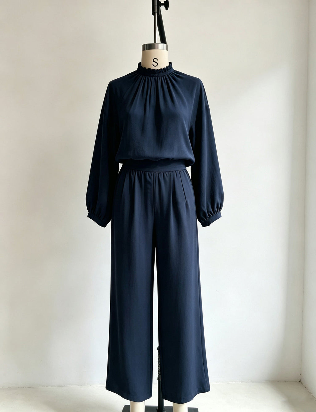 Women's Stand-Up Collar Puff Sleeve Blouse & Wide-Leg Pants Set