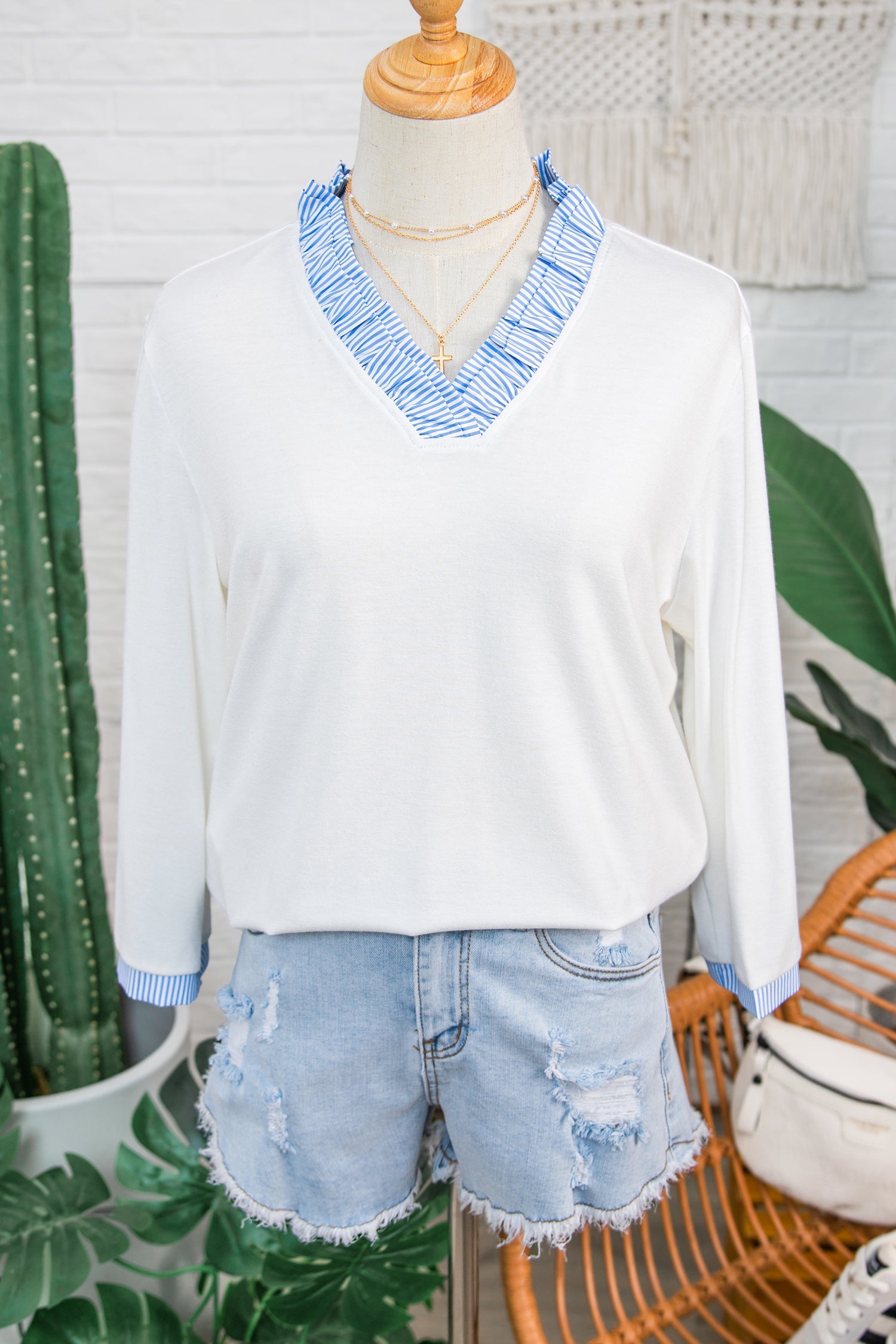 White Striped Patchwork V Neck Blouse with 3/4 Sleeves - Image 3