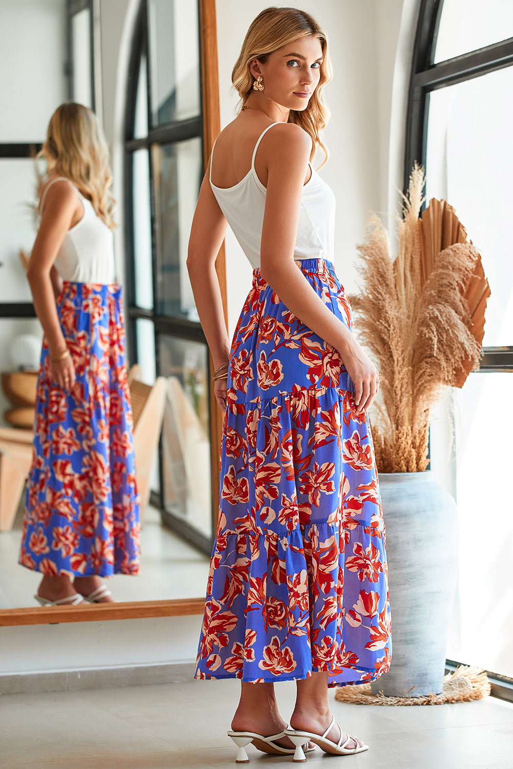 Bohemian Floral Tiered Maxi Skirt with Split