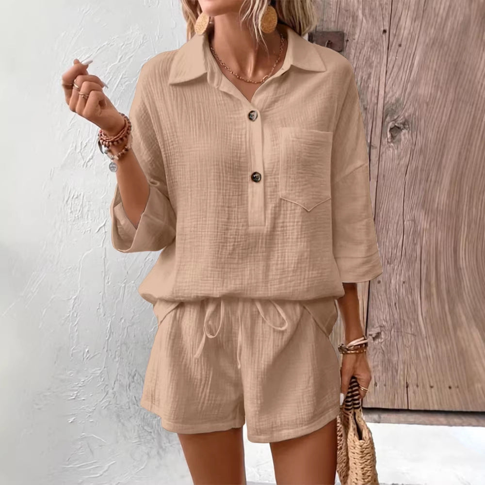 Women's Button-Down Lapel Shirt and Drawstring Shorts Set - Image 5