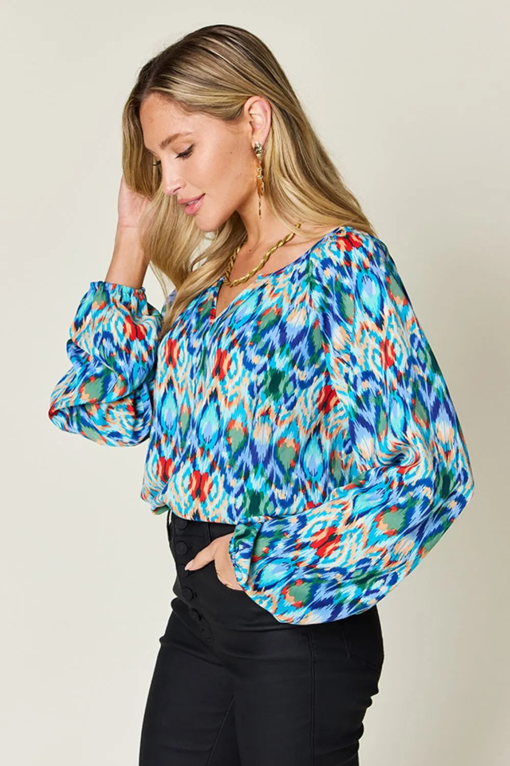 Printed Balloon Sleeve Blouse | Geometric V-Neck Chiffon Top