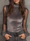 Women's Grey Mock Neck Mesh Sleeve Lace Panel Top - Image 5