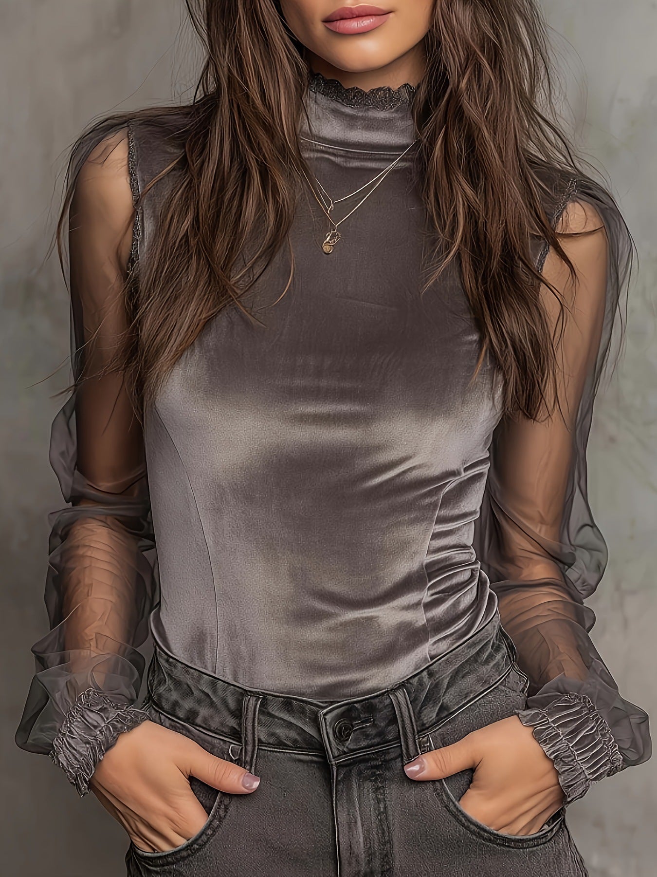 Women's Grey Mock Neck Mesh Sleeve Lace Panel Top - Image 5
