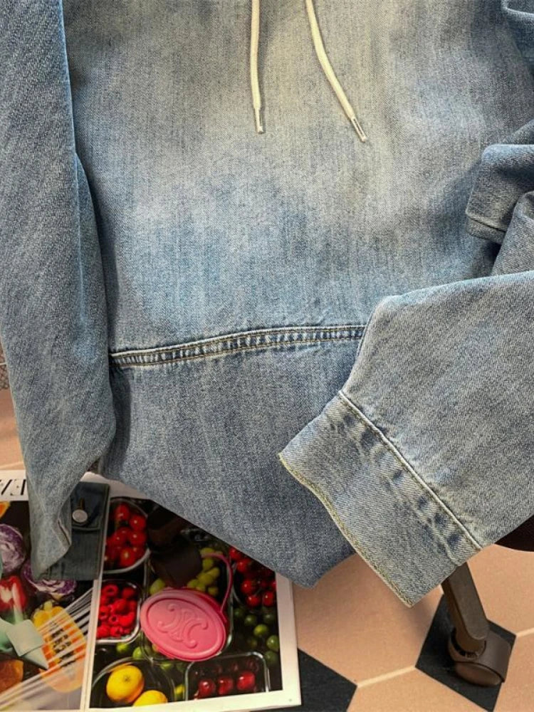 Women's Vintage Wash Denim Hoodie - Harajuku Style Oversized - Image 6