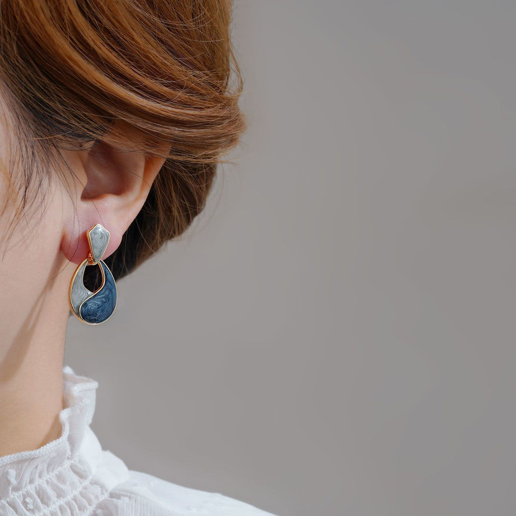 Blue Water Drop Stud Earrings Elegant French Hepburn Style Jewelry