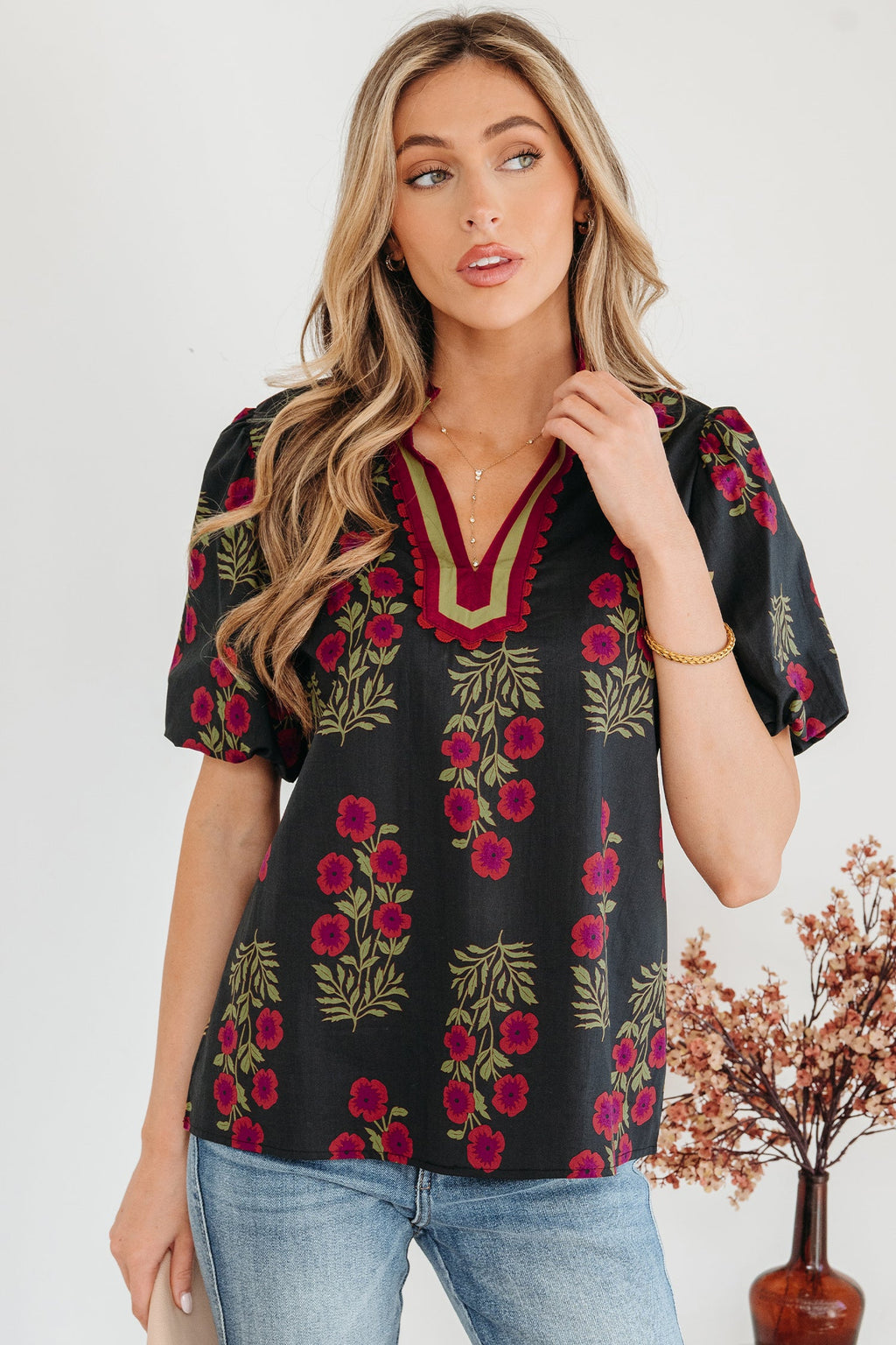 Zoe Floral Contrast Slit Neckline Blouse with Puff Sleeves