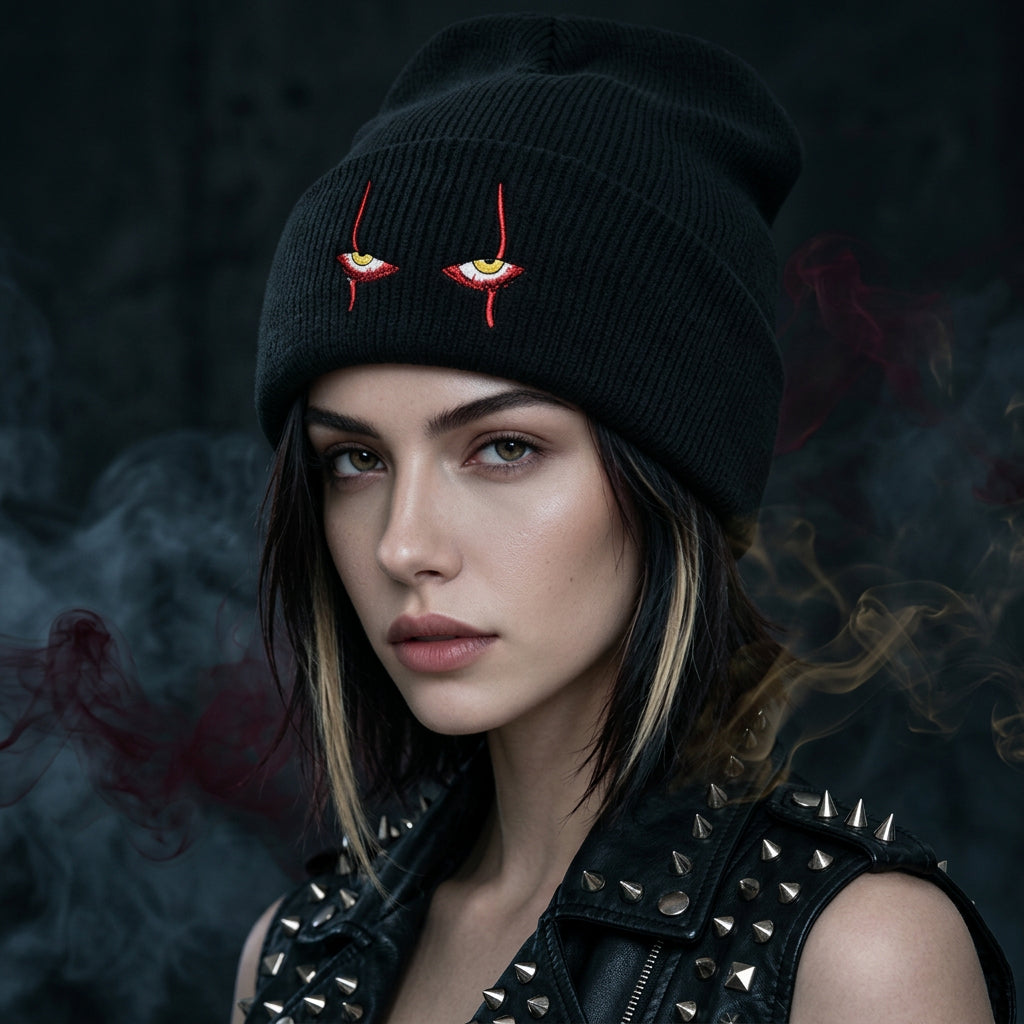 Scary Clown Eyes Embroidered Acrylic Knit Beanie hat