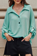 Corded Knit Roll-Up Sleeve Collared Henley Top