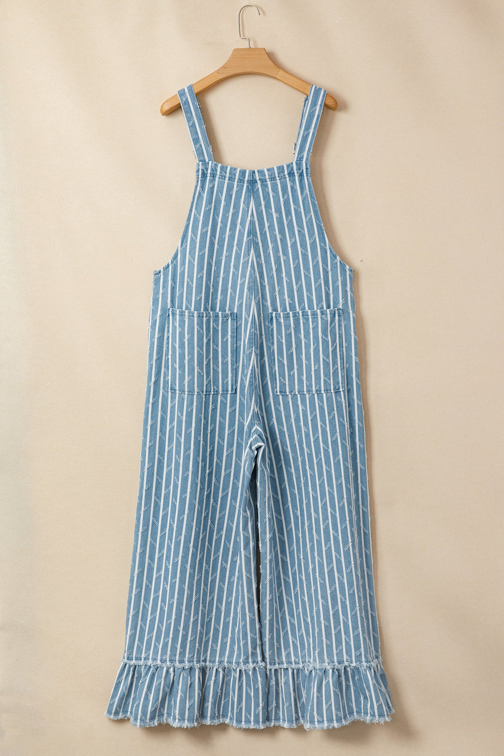 Angel Ruffled Wide Leg Denim Overalls in Blue and White Stripe