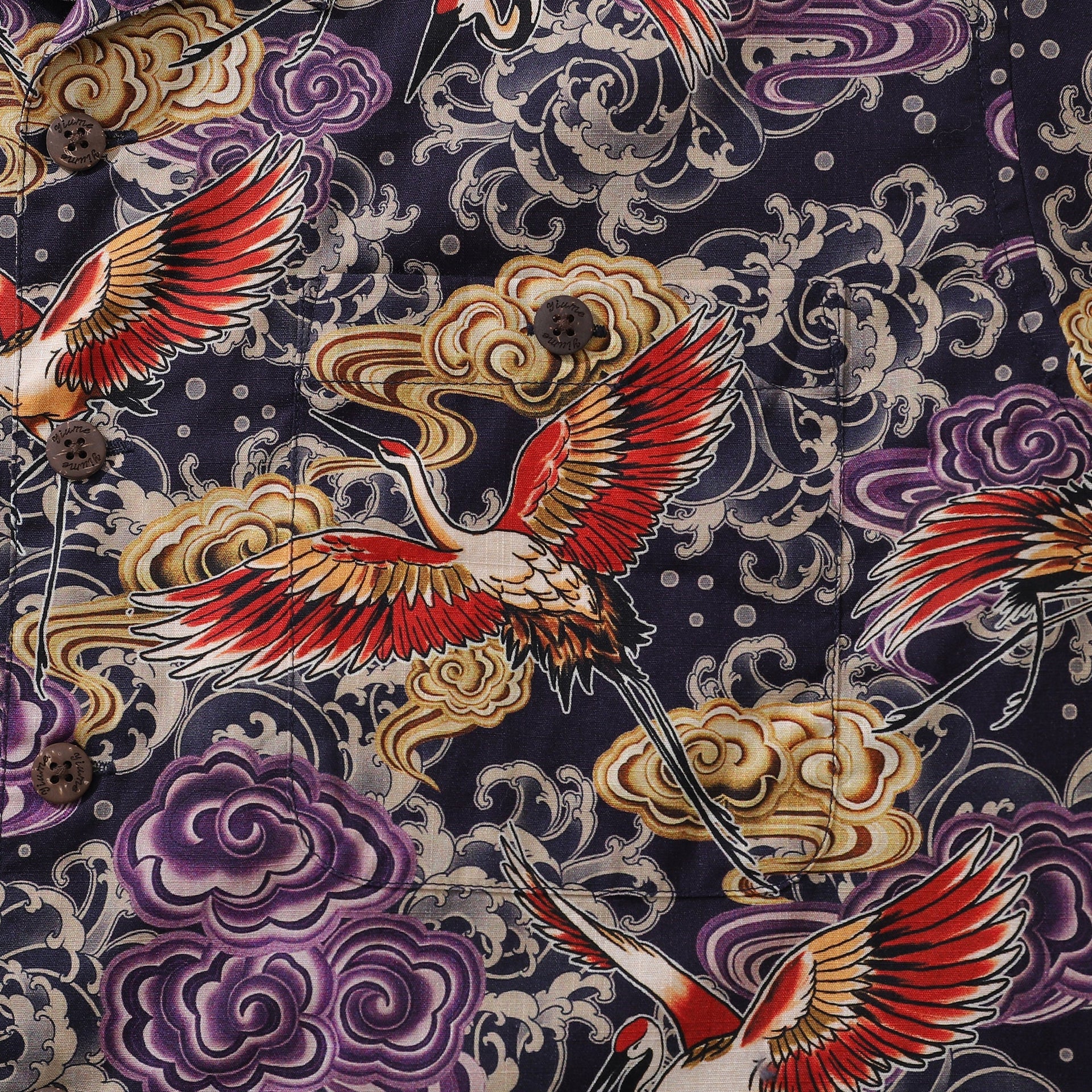 Men's Crane Illustration Print Camp Collar Cotton Shirt