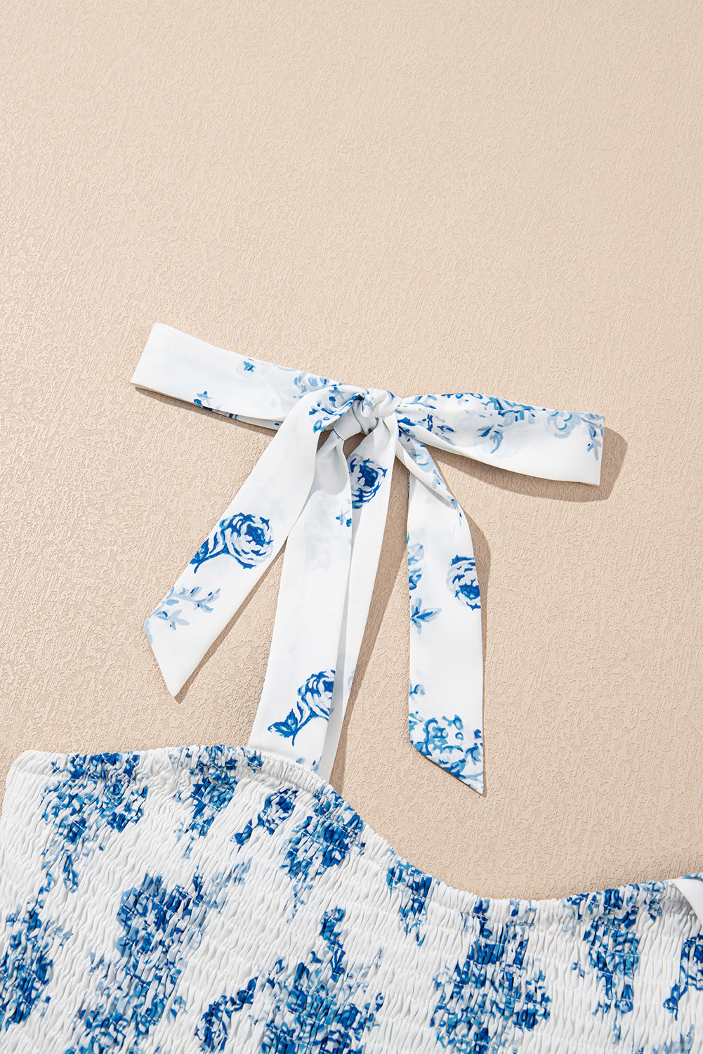 Sky Blue Floral Shirred Knot Shoulder Sleeveless Dress