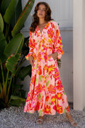 Beige Floral Chiffon Maxi Dress with Smocked V-Neck & Puff Sleeves